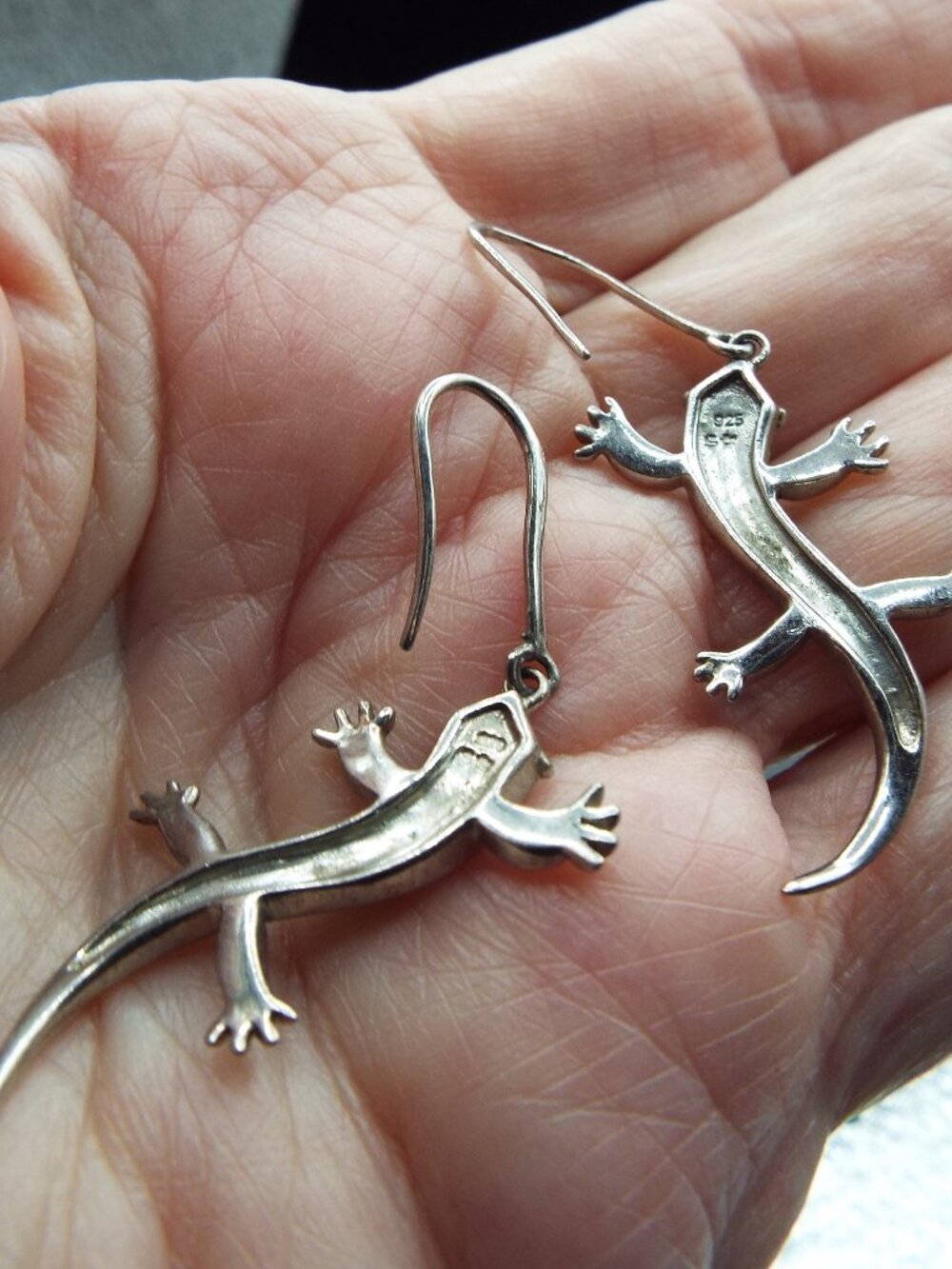 STERLING W/ BLUE & GREEN INLAY OPAL GECKO, LIZARD DANGLY EARRINGS G - Picture 3 of 3